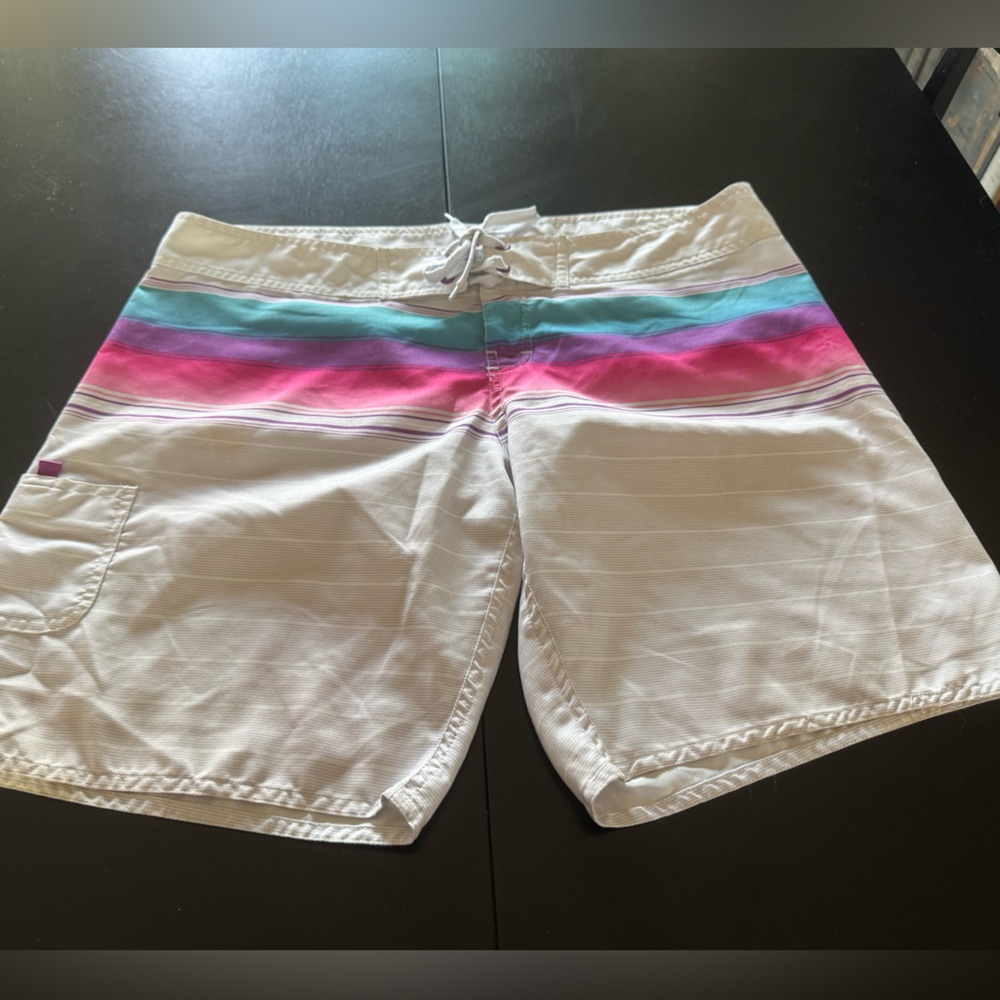 burnside White Shorts with Pink & Teal Stripe Accents